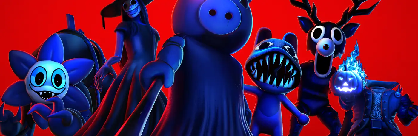 Blue Hollow monsters from the official key art, including Piggy and a horned figure, on a crimson field